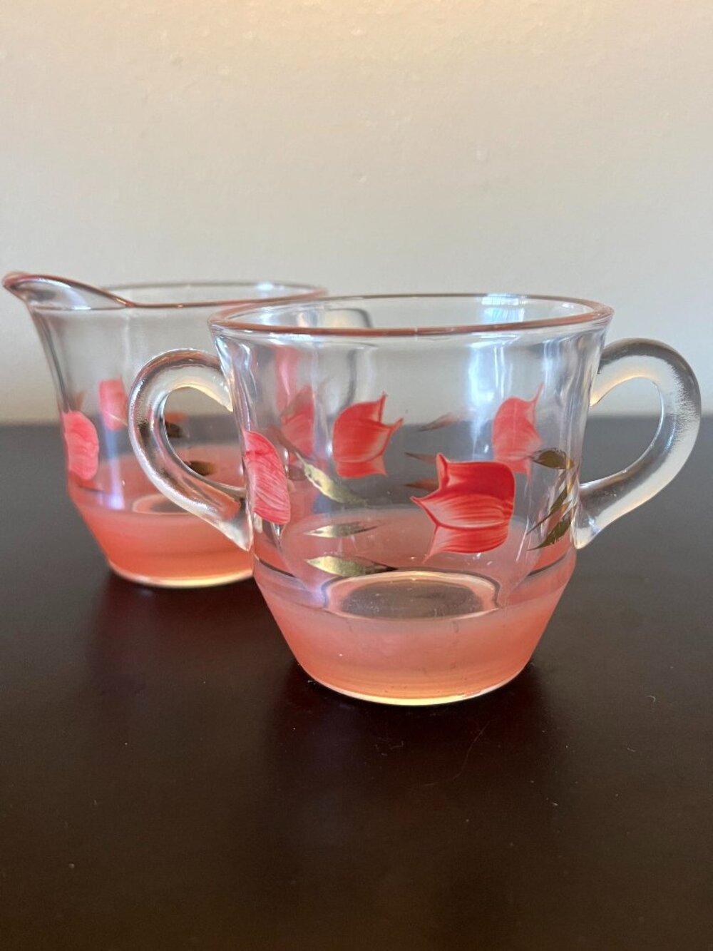 Vintage Bartlett-Collins MCM Hand Painted Pink Tulip Glass Creamer and Sugar Set